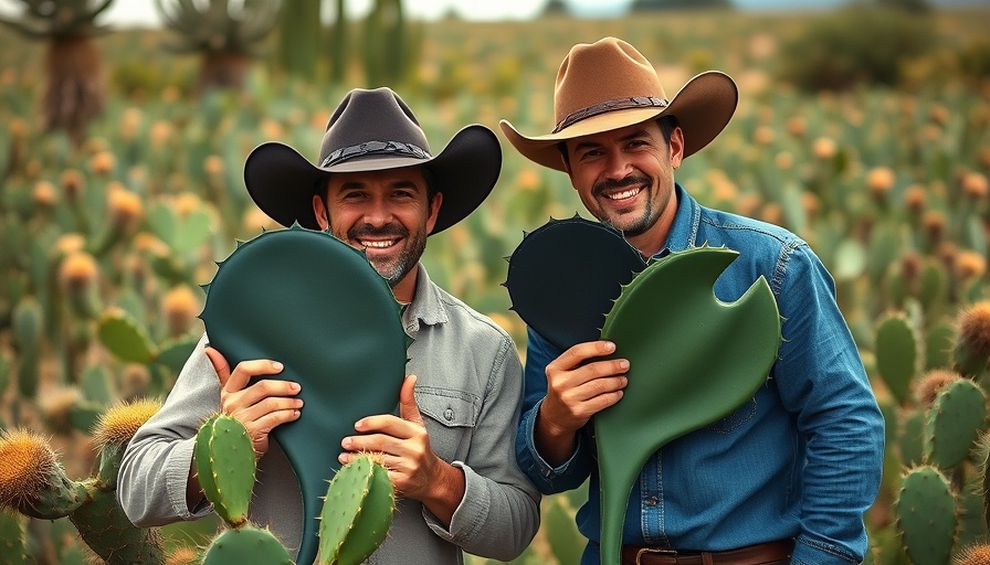 Vegan leather from prickly pear cactus with two men in cactus field.