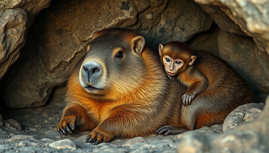 Capybara and monkey in rocky cave showcasing unlikely animal friendships.