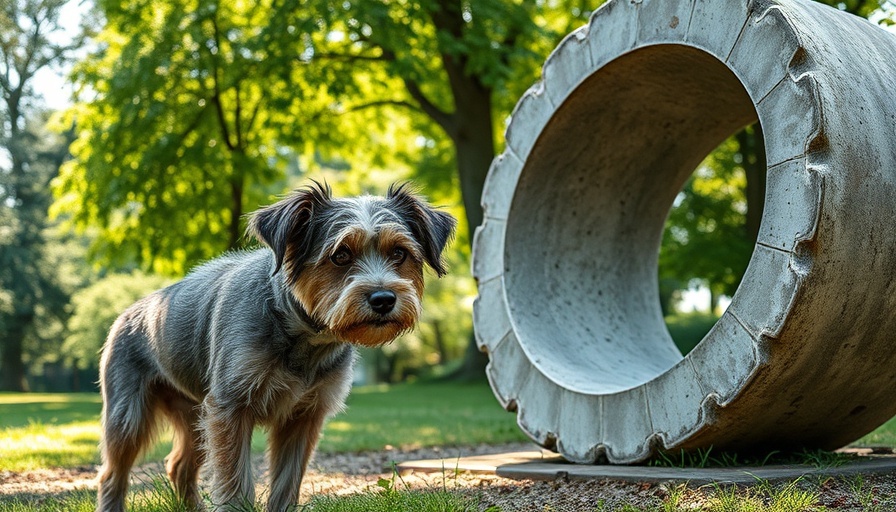 A curious dog explores a sculpture in a sunny park.