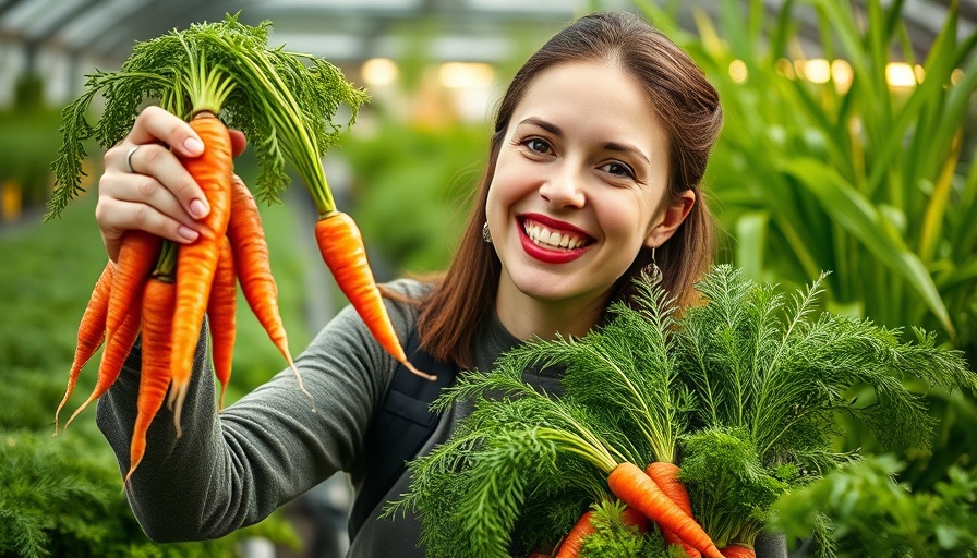 Smiling woman holding carrots, showcasing Kerala organic farming success.