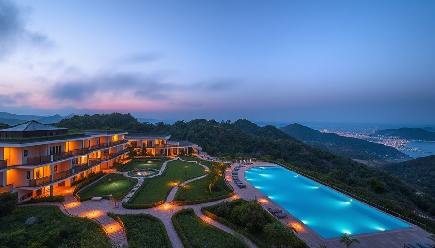 Luxury hillside resort with infinity pool in Mykonos at dusk.