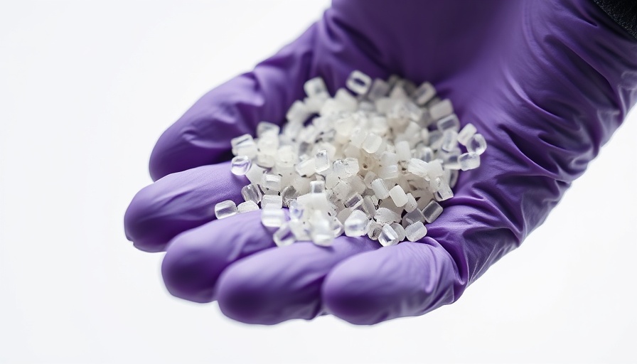 Gloved hand holding plastic pellets, highlighting pollution issue.