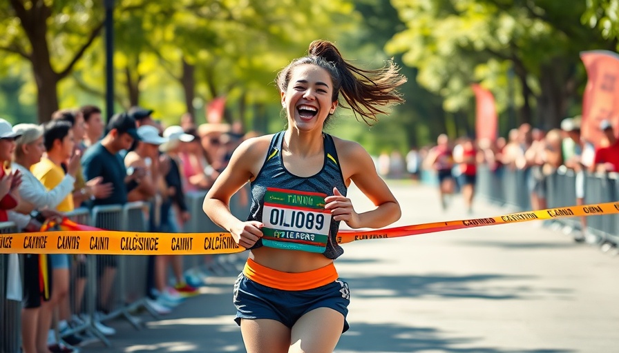 Energetic woman celebrates as she breaks through the race finish line.