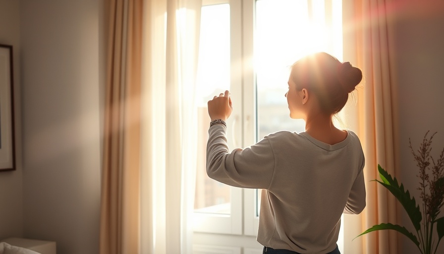 Young woman in sunny room opens curtains, showcasing transparent solar coating potential.