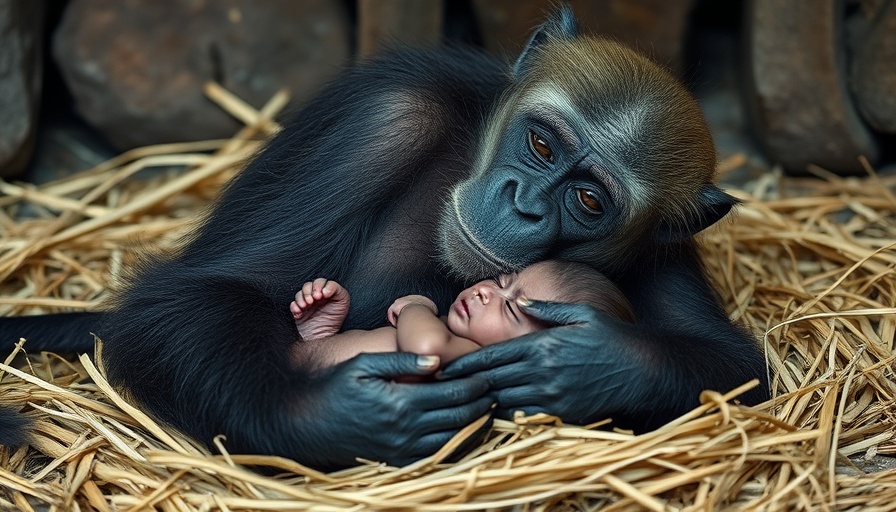 Bonobo mother with newborn in conservation, calm and nurturing.
