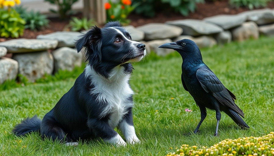 Dog and crow in a garden, sharing a moment, dog and crow friendship story.