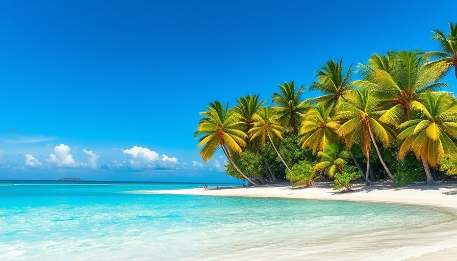 Serene tropical beach with turquoise water and lush palm trees.