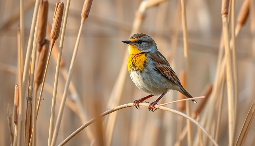 Endangered sparrow in lush marshland, alert and perched on reeds.