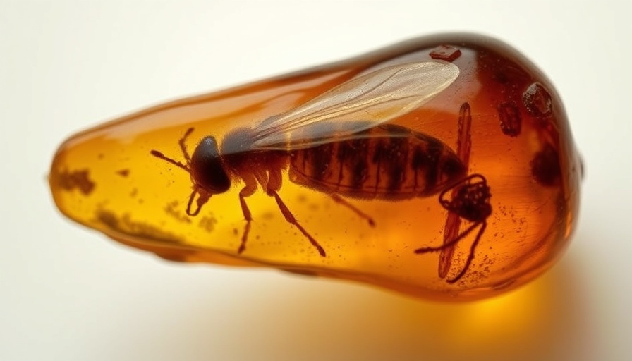112 million year old amber sample with insect inclusion, detailed view.