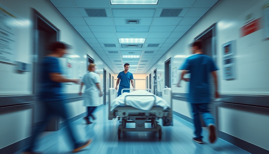 Dynamic hospital scene with motion blur, AI tool speeds up stroke care.
