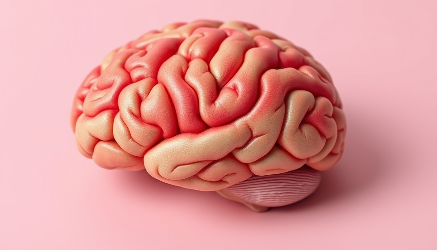 Realistic red brain model on pink background highlighting cerebral details.