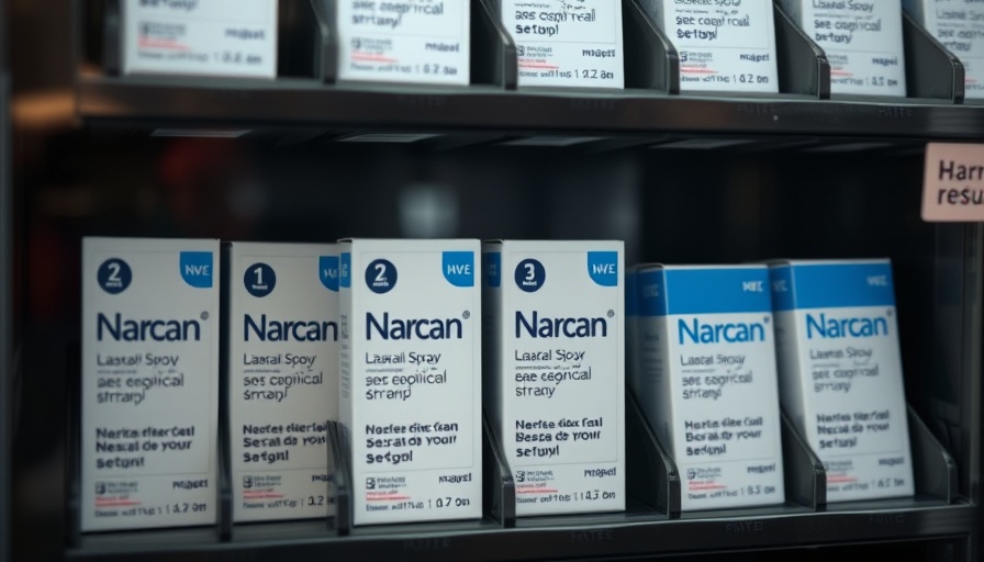 Close-up of vending machine with Narcan nasal spray boxes for harm-reduction.