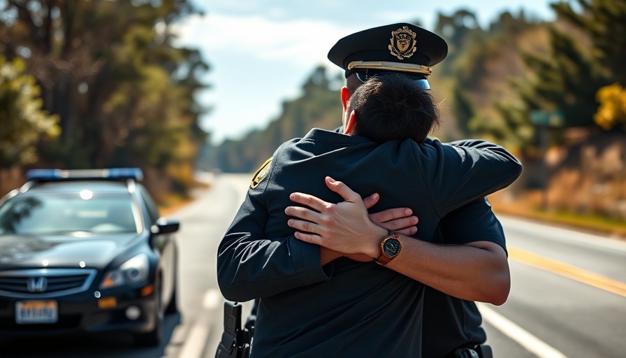 Act of kindness in leadership depicted by officer's hug.