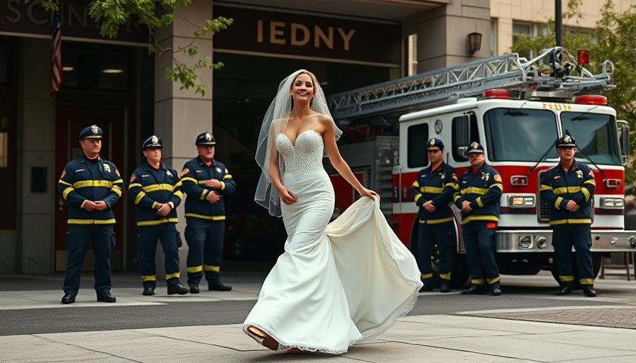 Elegant bride at FDNY firefighter wedding tribute with fire truck backdrop.