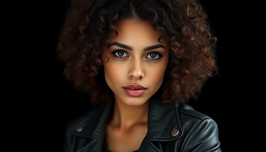Stylish woman with curly hair and leather jacket portrait.