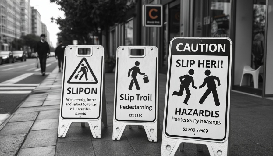 Caution signs warning of trip slip and fall hazards in an urban setting.