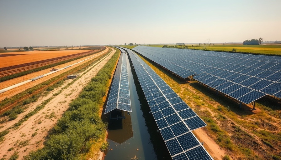 Extensive solar panel covering California canal, clean energy source.