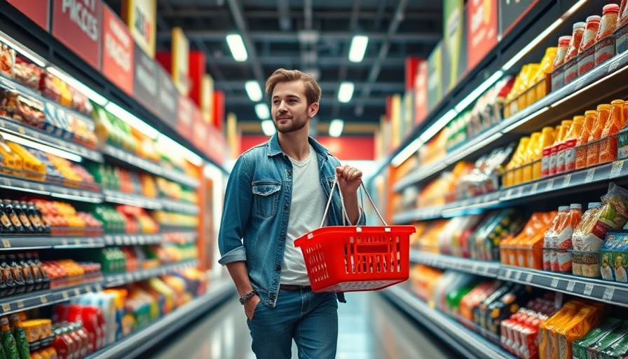 Shopper with red basket in supermarket aisle focused on Fairtrade certified products.