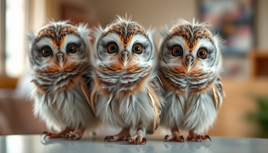Fluffy baby Eurasian scops owls perched indoors with a curious look.