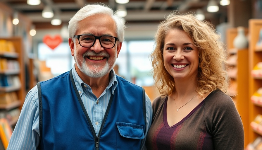 Community support for elderly workers: Smiling elderly worker with woman in store.