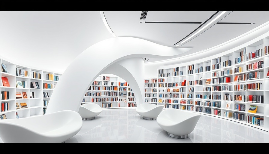 Modern library in a metro station with curved white shelves.