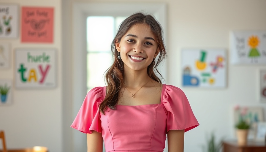 Young woman smiling confidently indoors.