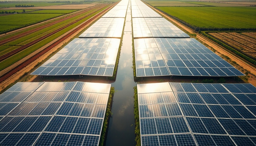 Solar panel-covered canal spanning agricultural fields under clear sky.