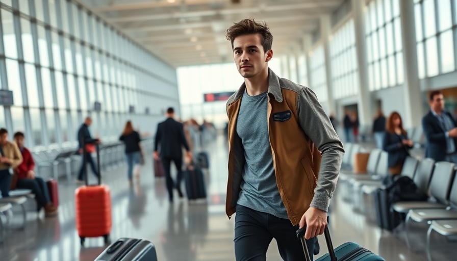 Young man at airport representing health preparedness for Indian students abroad.