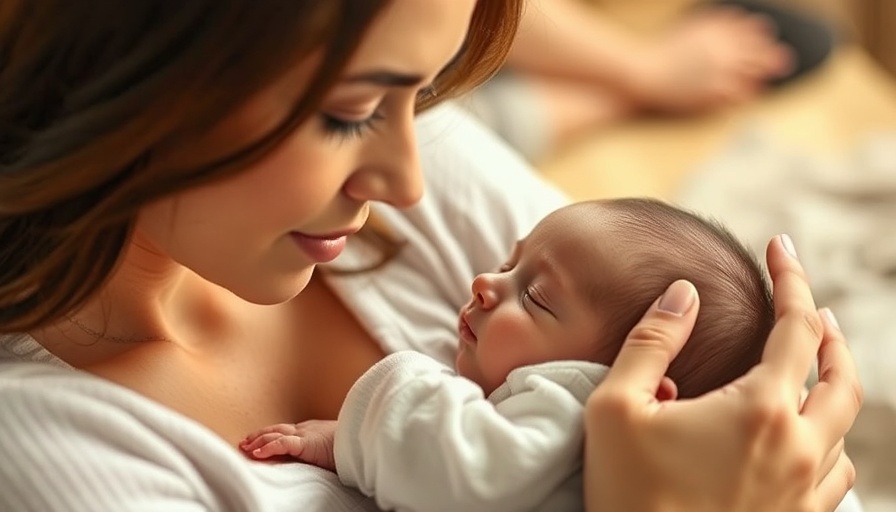 Mother practicing infant massage techniques on sleeping newborn.