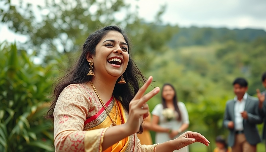 Eco-Friendly Wedding celebration with joyful dancing woman outdoors.