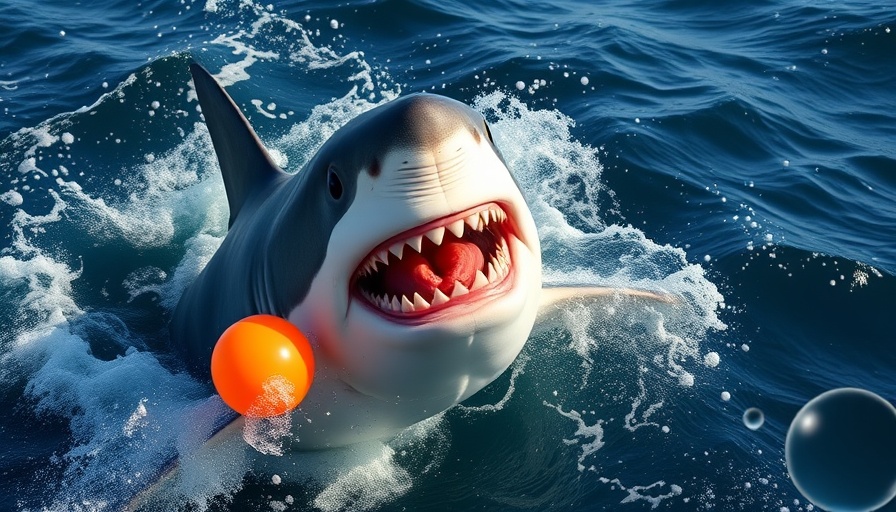 Great white shark testing bite-resistant fabric in ocean.