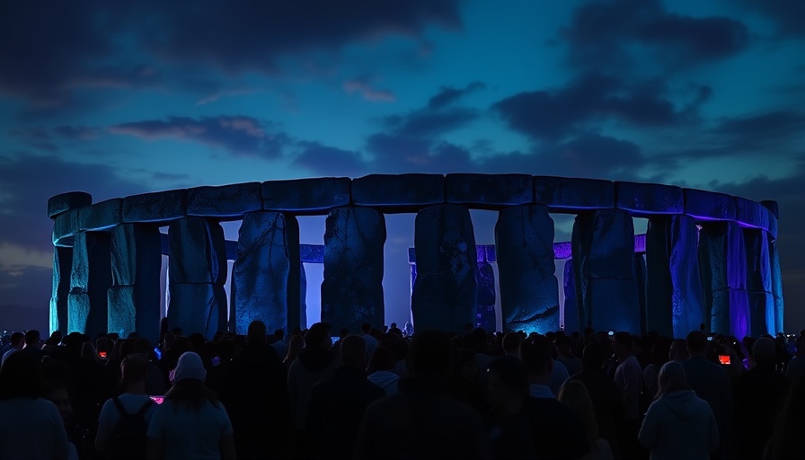 Crowd at Stonehenge under colorful night sky.