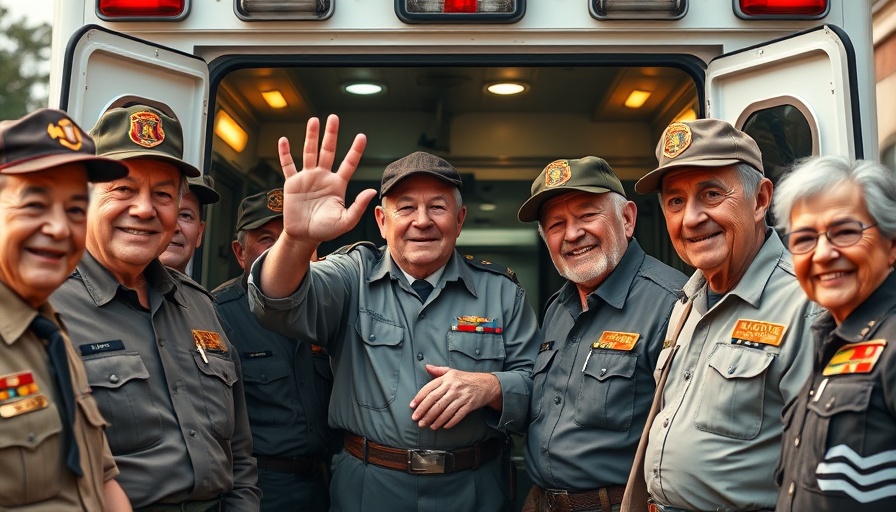 WWII veterans happily reunited in front of ambulance.
