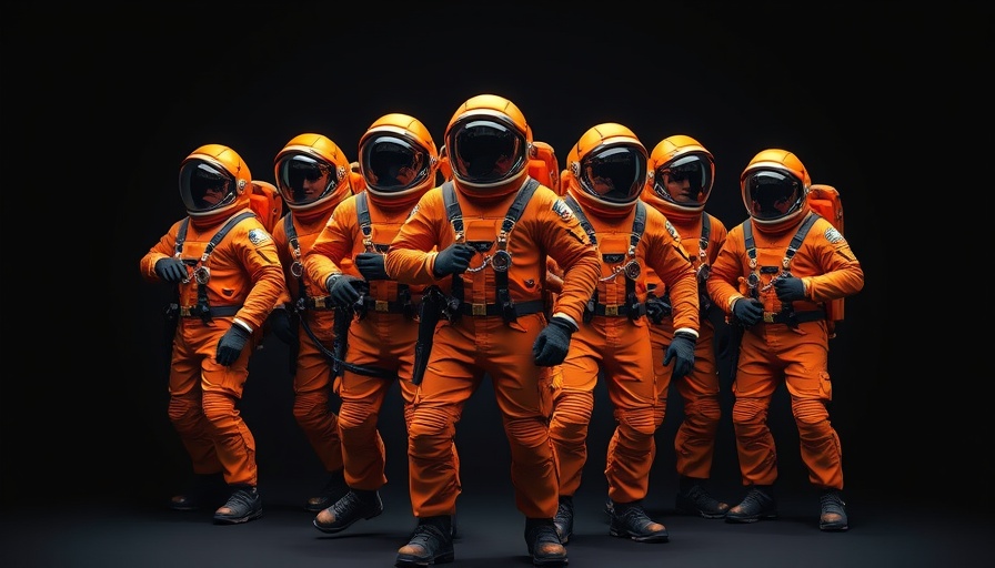 Four astronauts in orange suits posing confidently, positive business news.