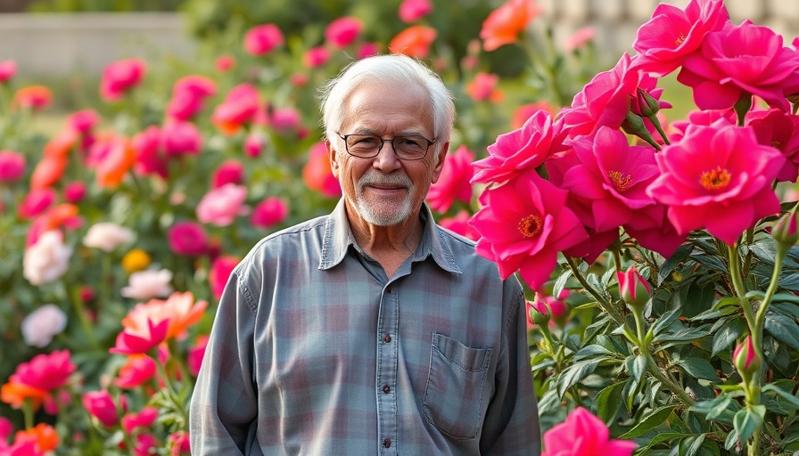 Man exporting desert roses in a vibrant garden setting.