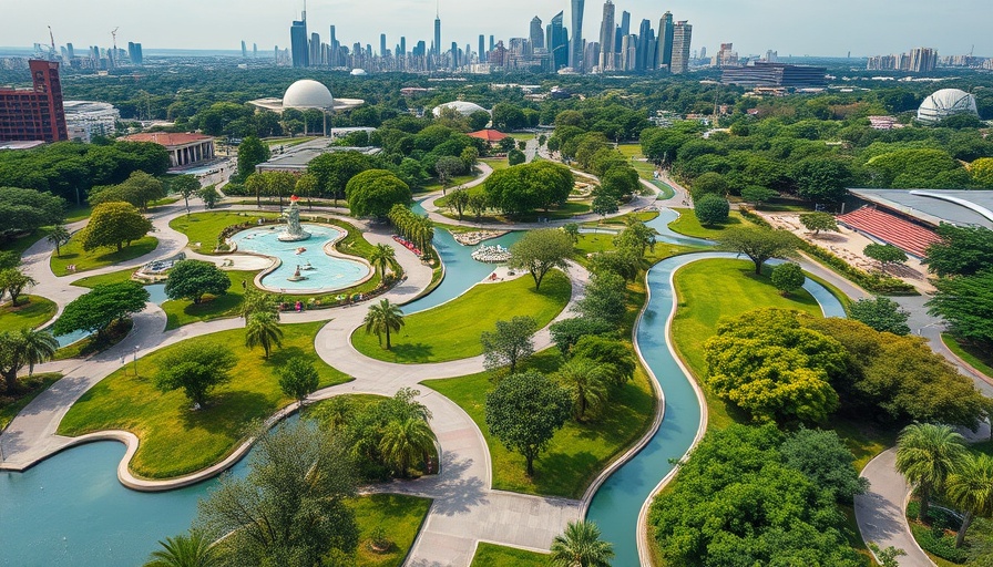 Expansive urban park with paths and water features, Sponge Park Urban Development.