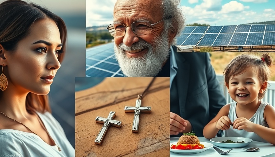 Positive stories collage with solar panels, necklace, and more.