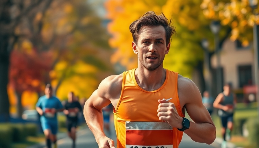 Marathon runner in autumn park reflecting positive business news.