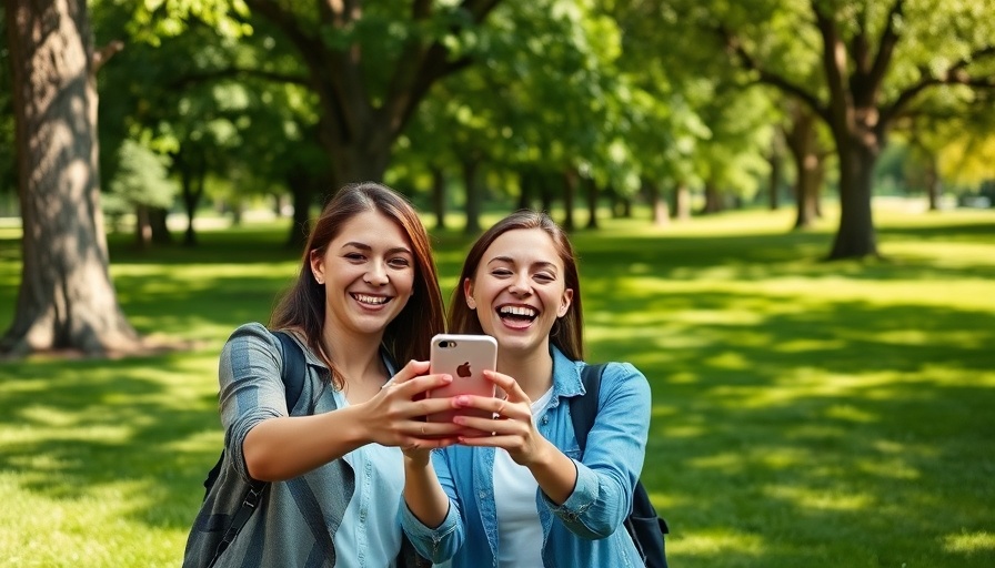 Two people happily holding a recovered iPhone in a park.