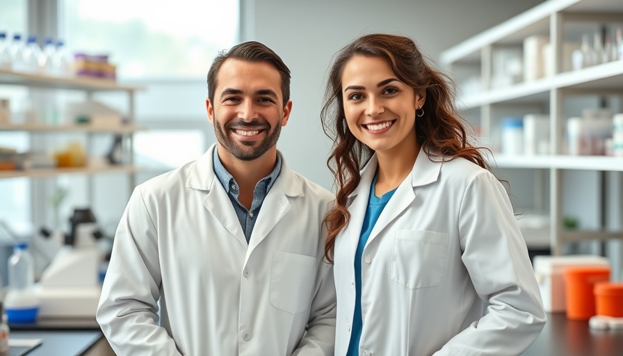 Researchers working on Huntington’s disease treatment, smiling in a laboratory.
