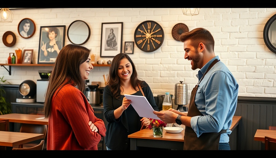 Waiter engaging with customers promoting trust in cozy cafe.
