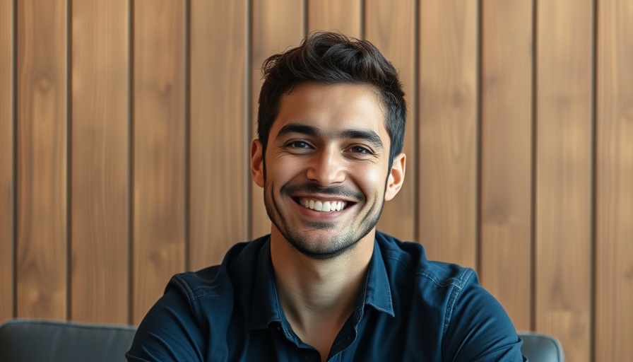 Young man in dark blue shirt smiling warmly against a wooden background.