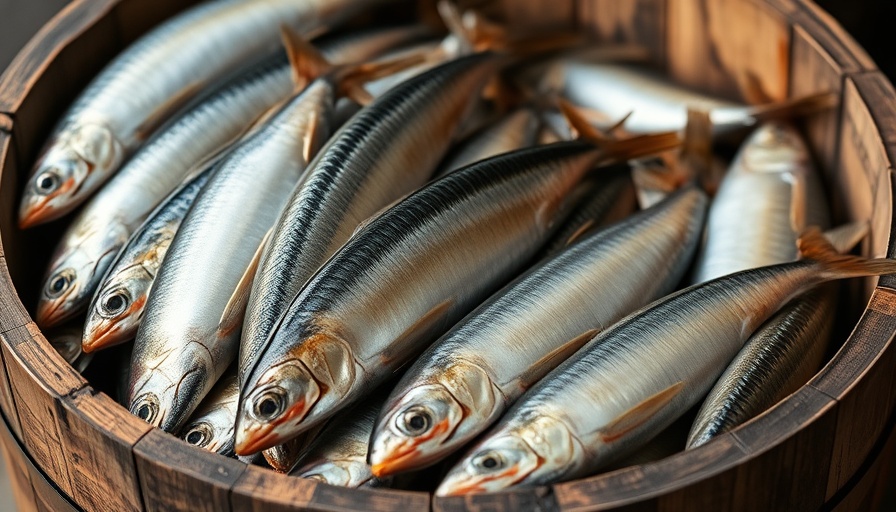 Sardines in a rustic barrel emphasizing WTO global agreement on overfishing.