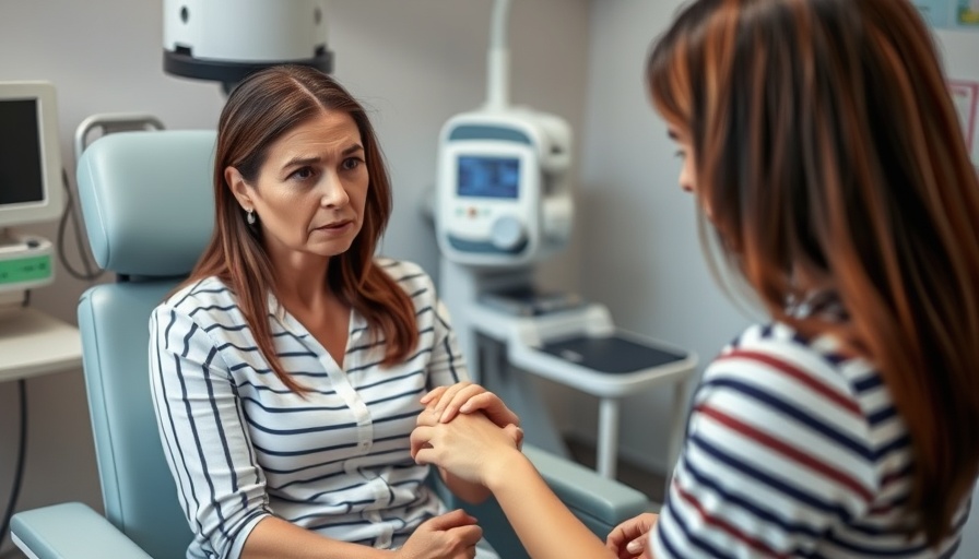 Patient and doctor consultation in clinic, isolated chemotherapy delivery context.