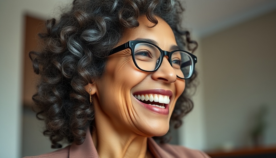 Joyful mature woman with curly hair and glasses, AI restores voice for individuals with speech loss