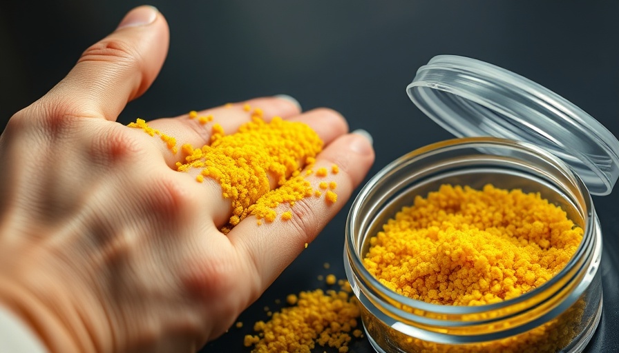 Hand applying pollen-based sunscreen with pollen granules.