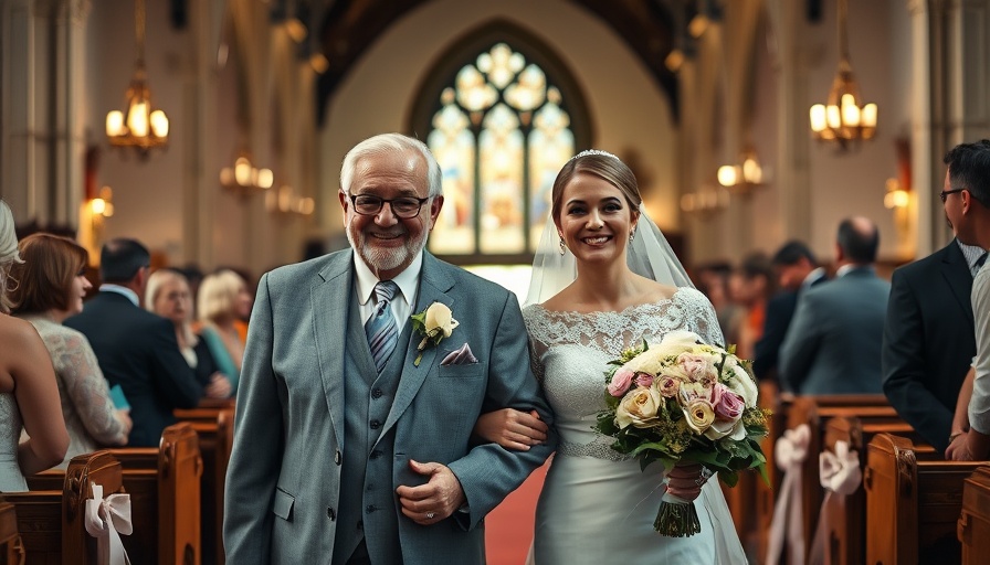 Grandfather walking bride down the aisle in a warmly lit church.