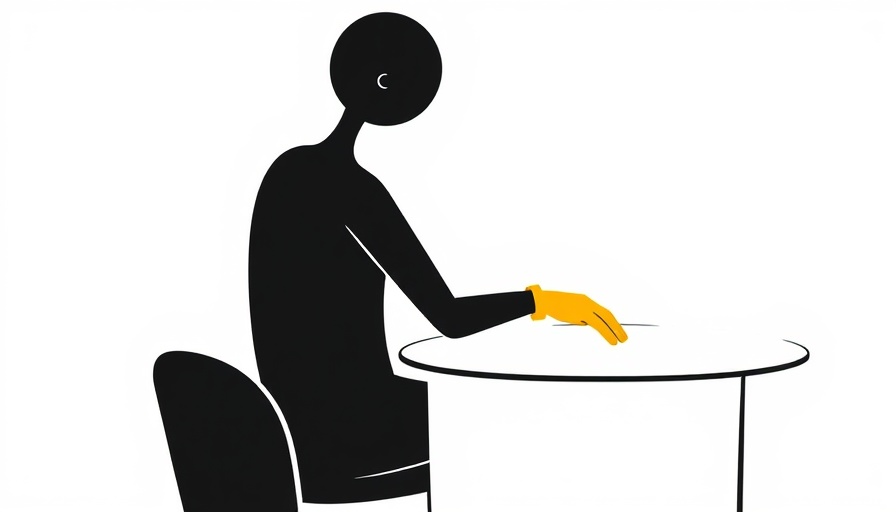 Stylized abstract figure with yellow hand on table, minimalist design.