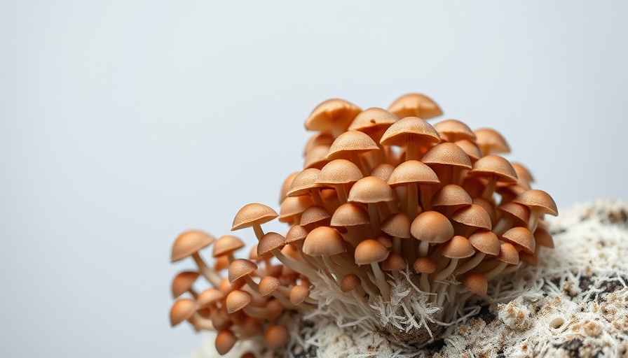 Detailed cluster of brown mushrooms on a white substrate, Paul Stamets mushroom innovation.
