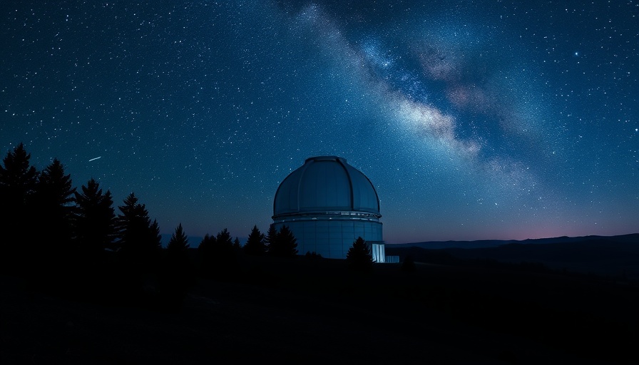 Starry night at observatory with NASA laser beams and dome.